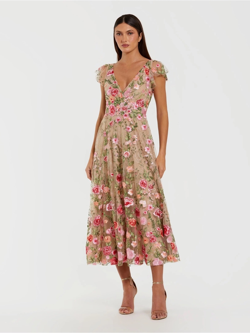 Mac Duggal *current season* NWT sz 14 Beige with Floral Embroidery Dress